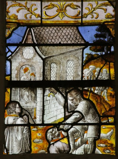 Window depicting the Legend of Notre Dame de Lorette: the Virgin Stopping a Killer in Front of her House by French School